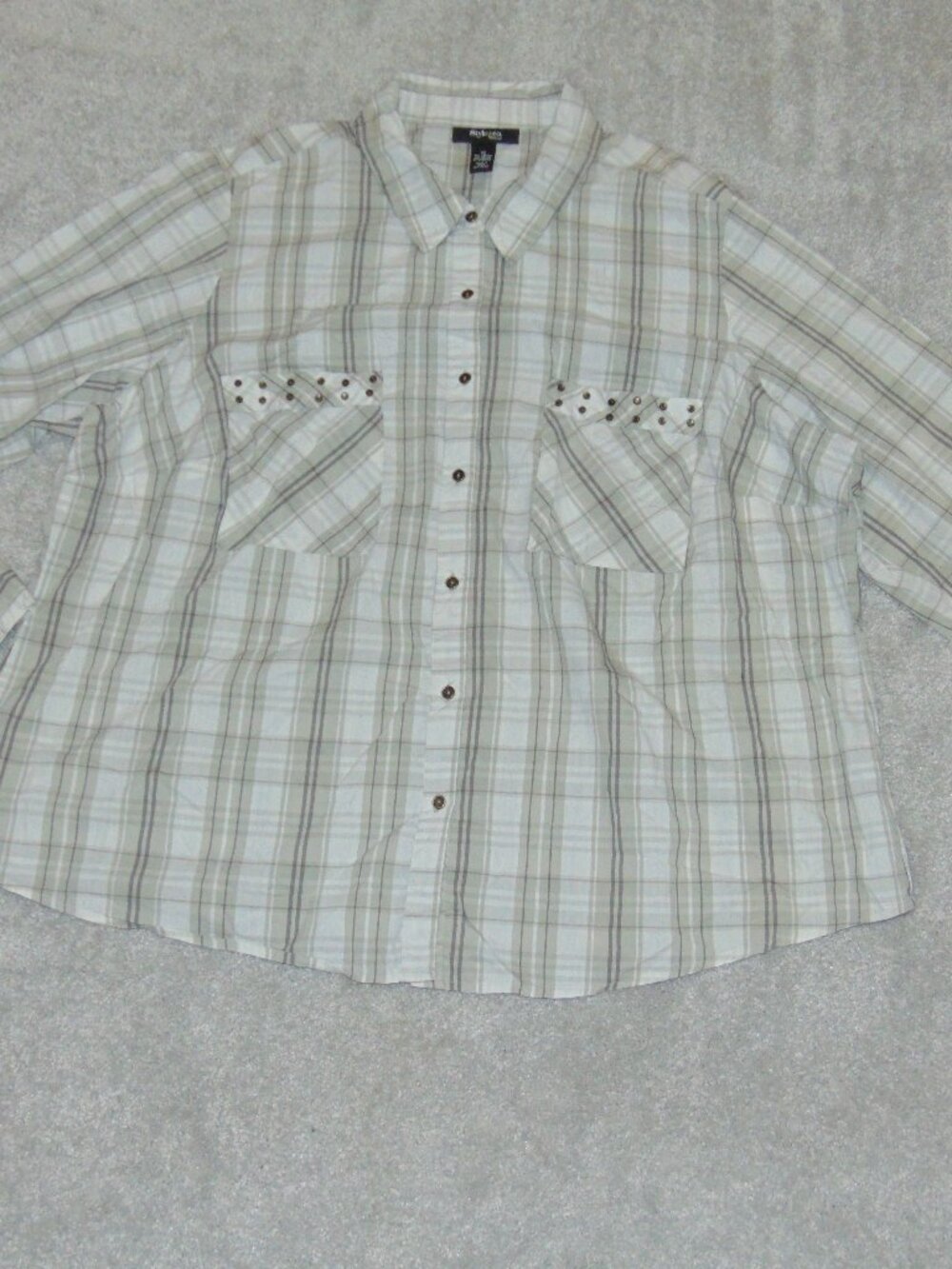 Style & Co Women Blouse Shirt Top 3X 3/4 Sleeve Cotton Gray Plaid